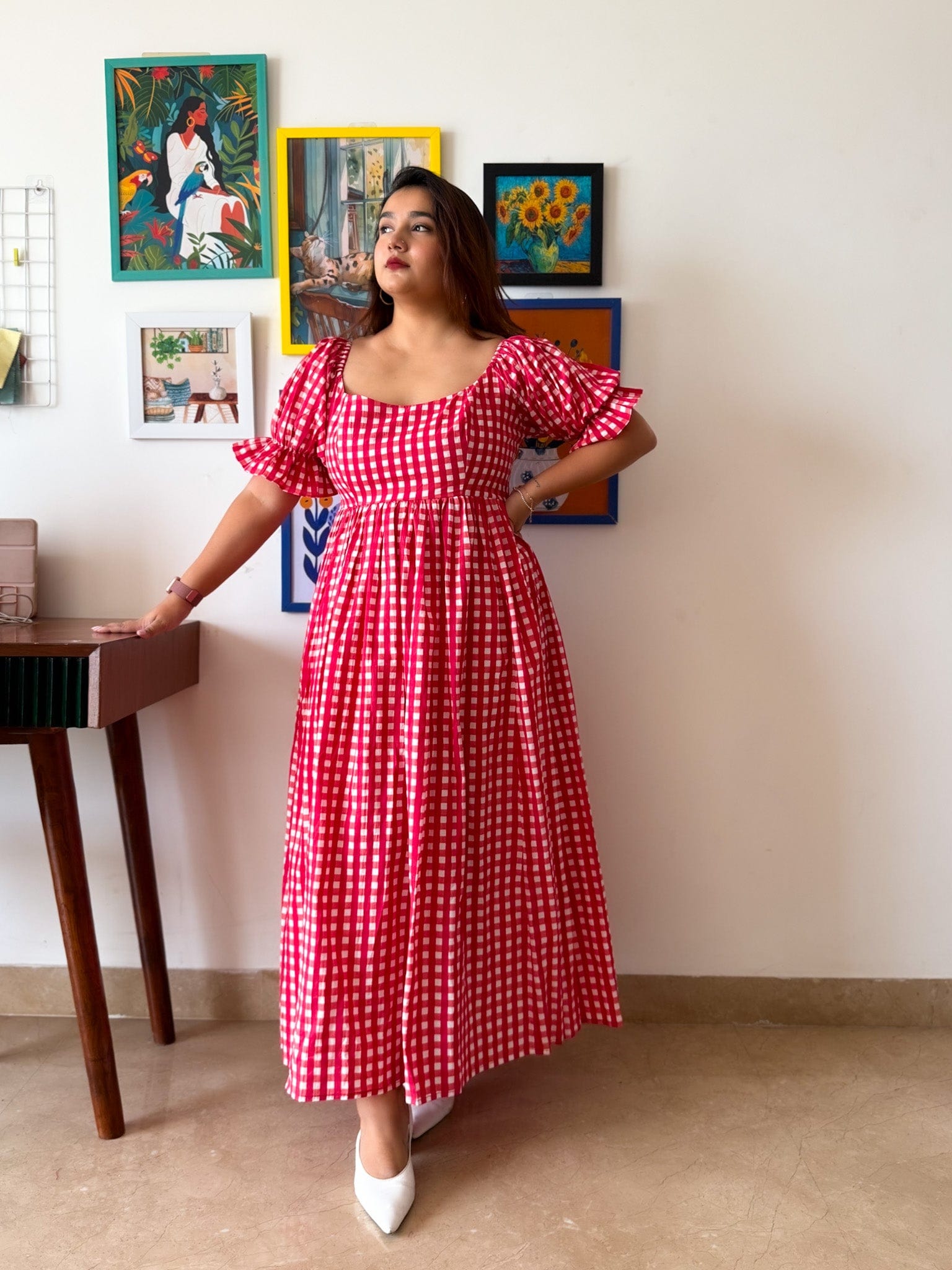 Sleeved Red Gingham Biscoff Dress