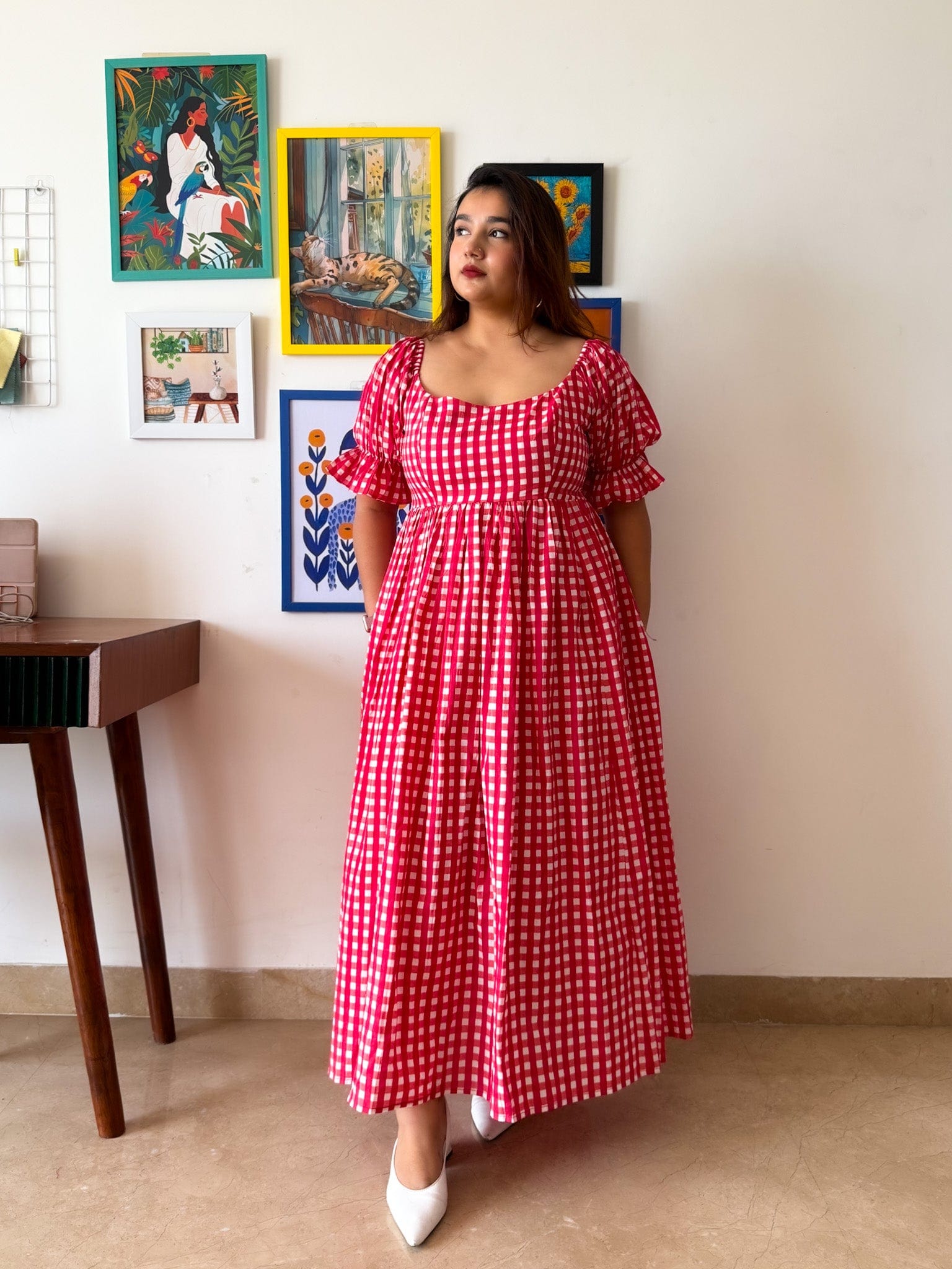 Sleeved Red Gingham Biscoff Dress