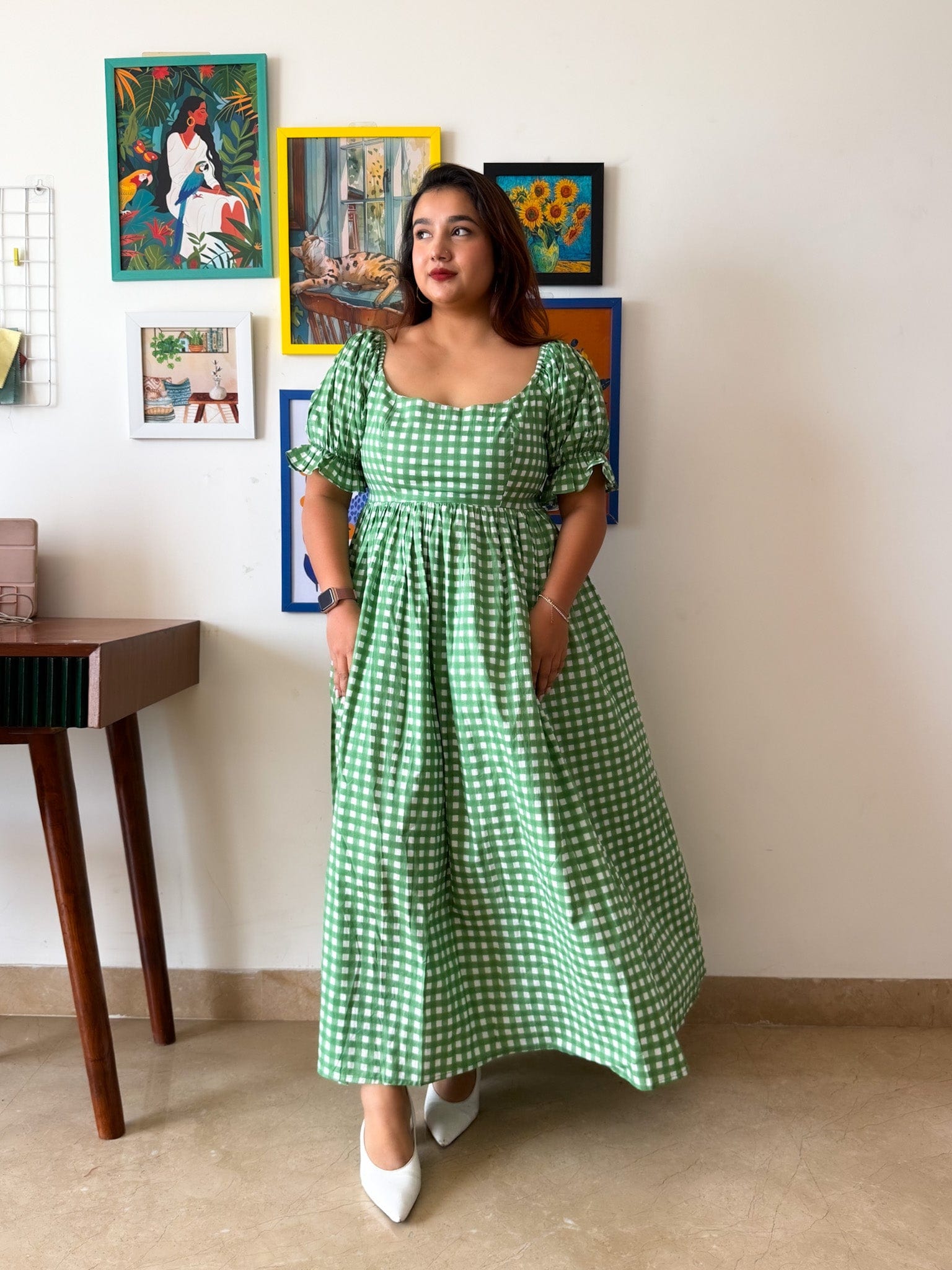 Sleeved Green Gingham Biscoff Dress