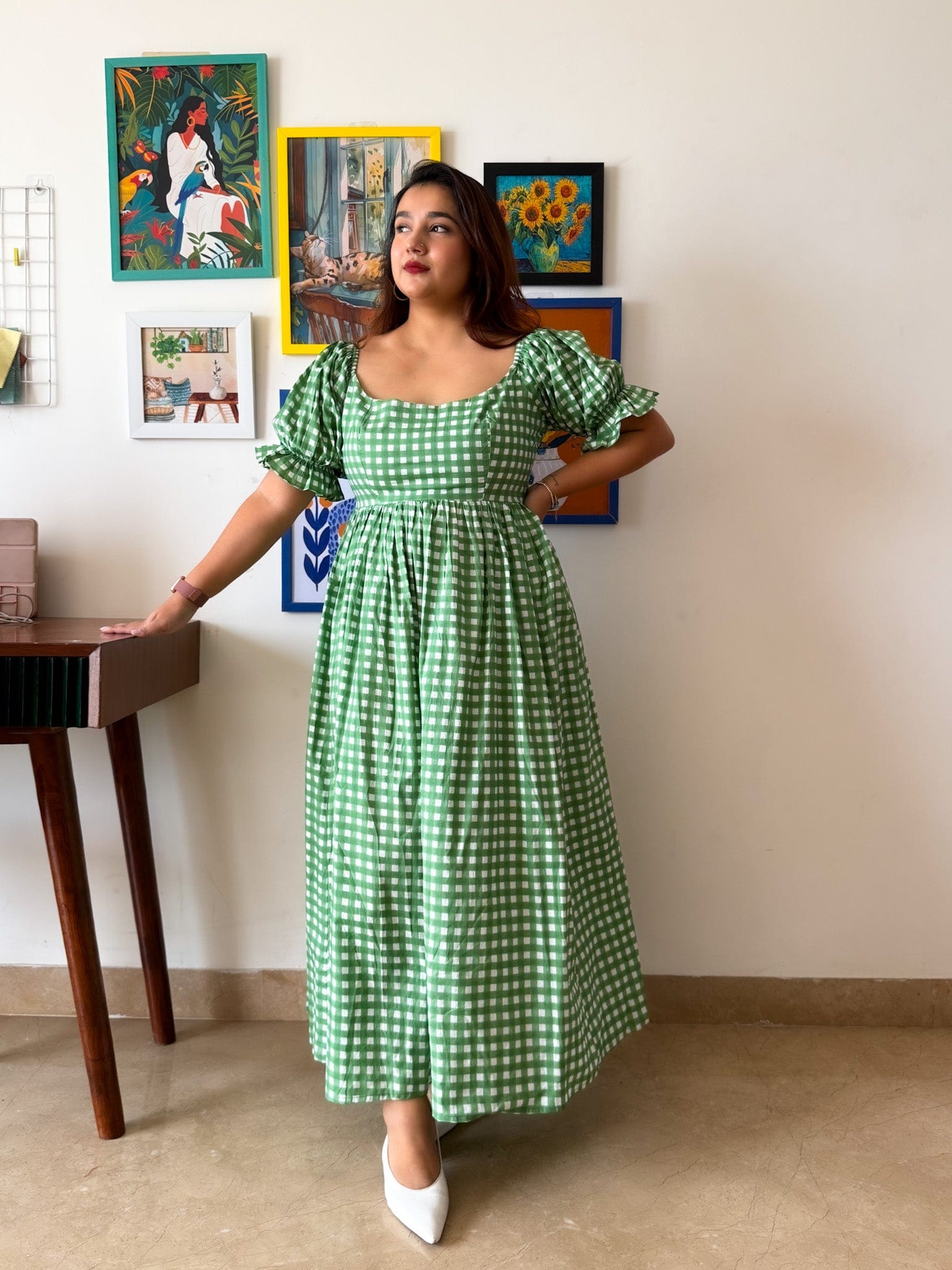 Sleeved Green Gingham Biscoff Dress