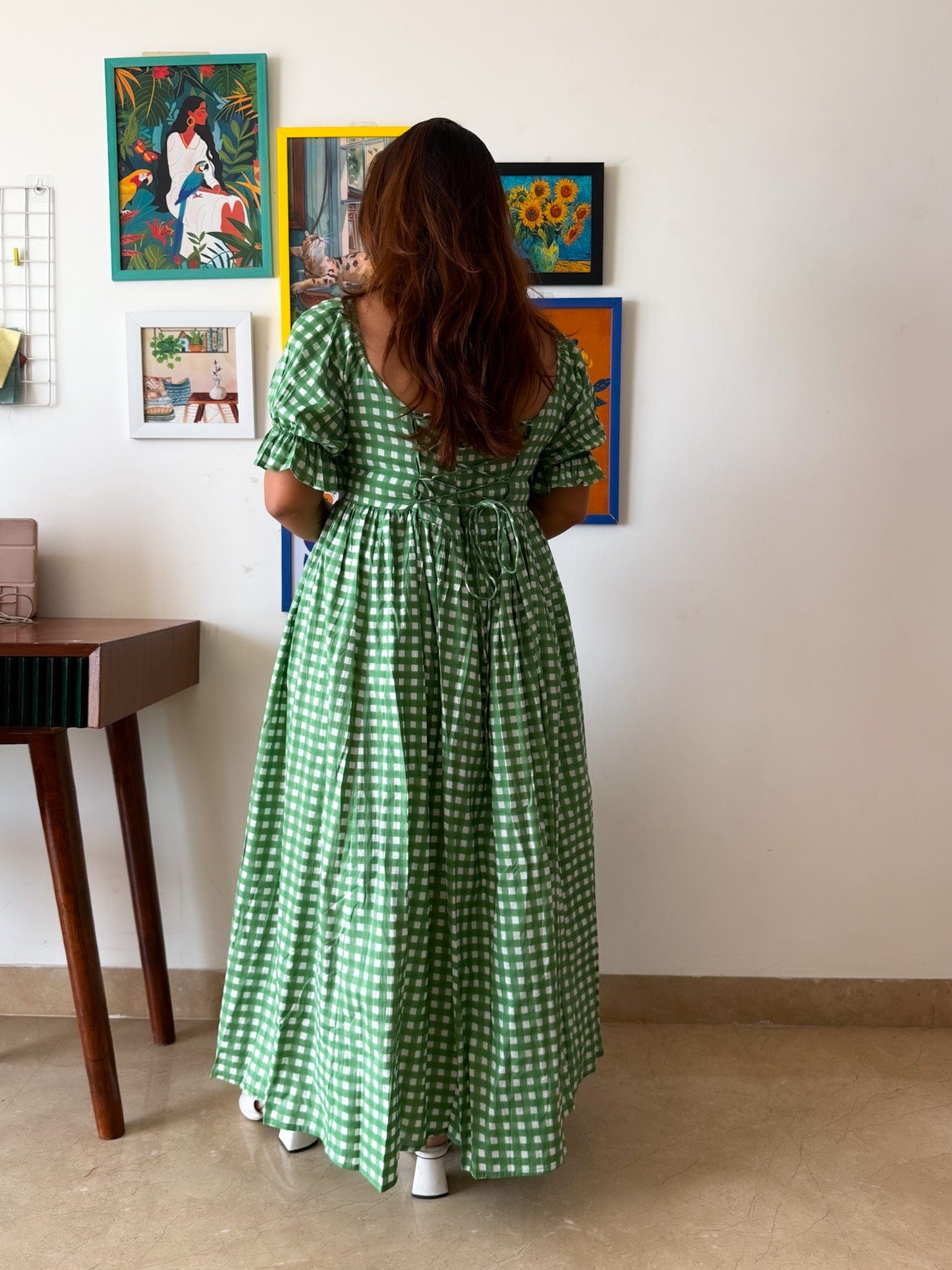 Sleeved Green Gingham Biscoff Dress