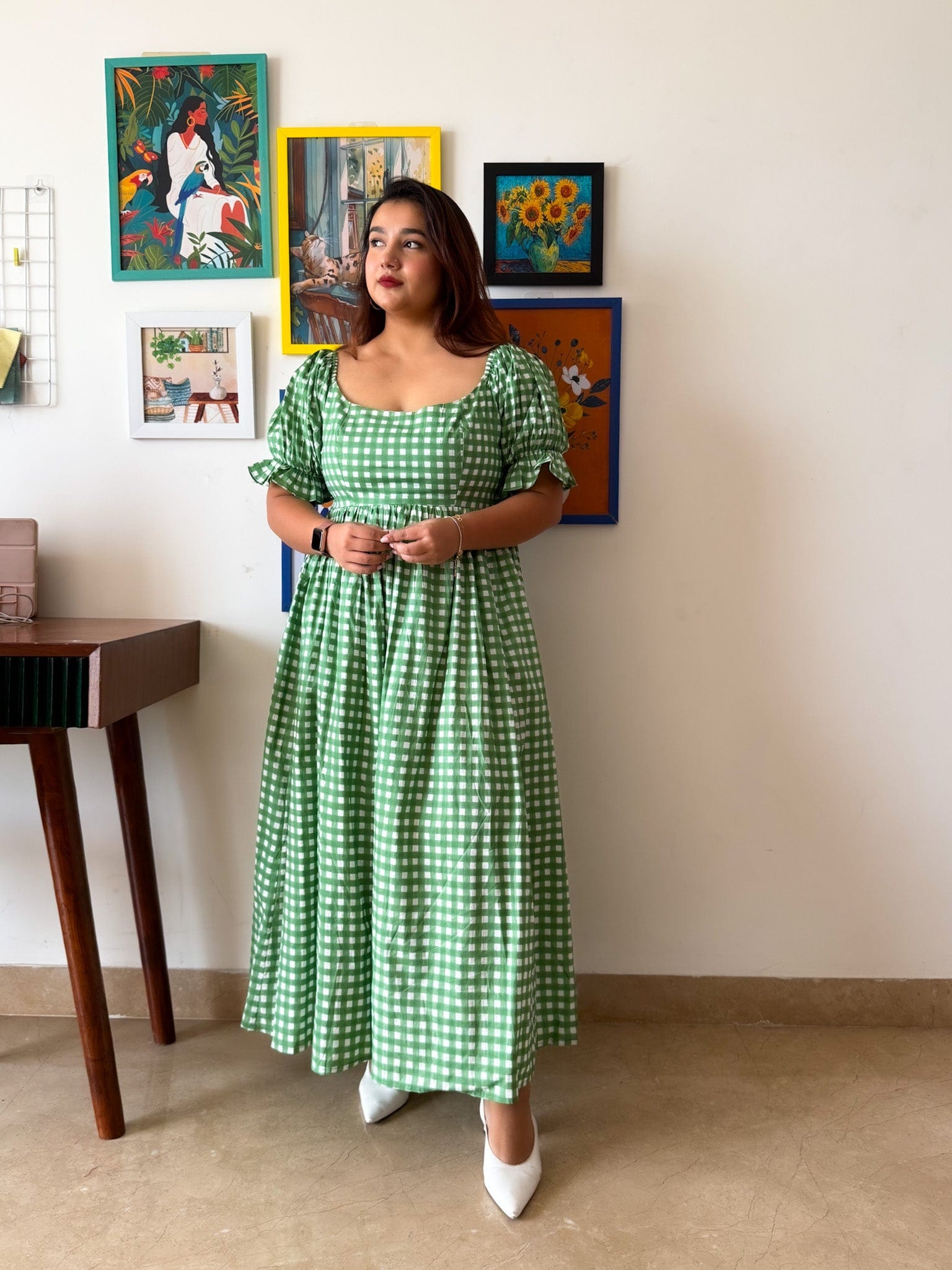 Sleeved Green Gingham Biscoff Dress