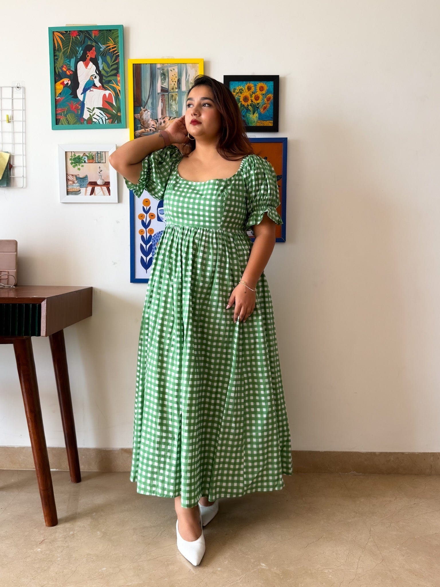 Sleeved Green Gingham Biscoff Dress