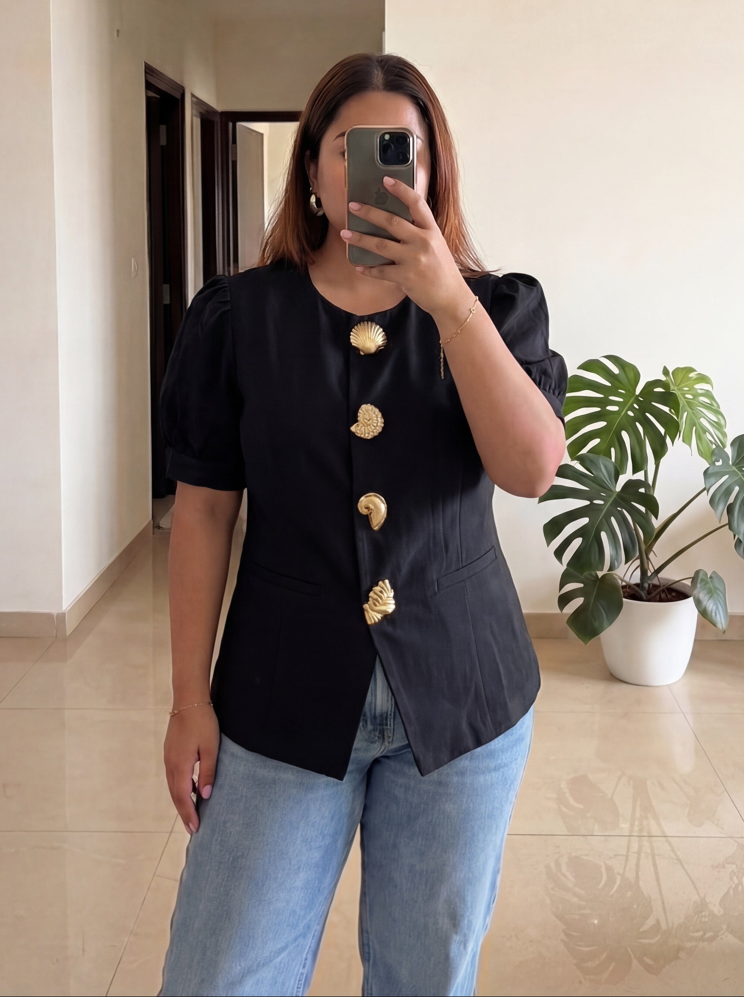 Diana Sleeved Waistcoat Top with Statement Brooches