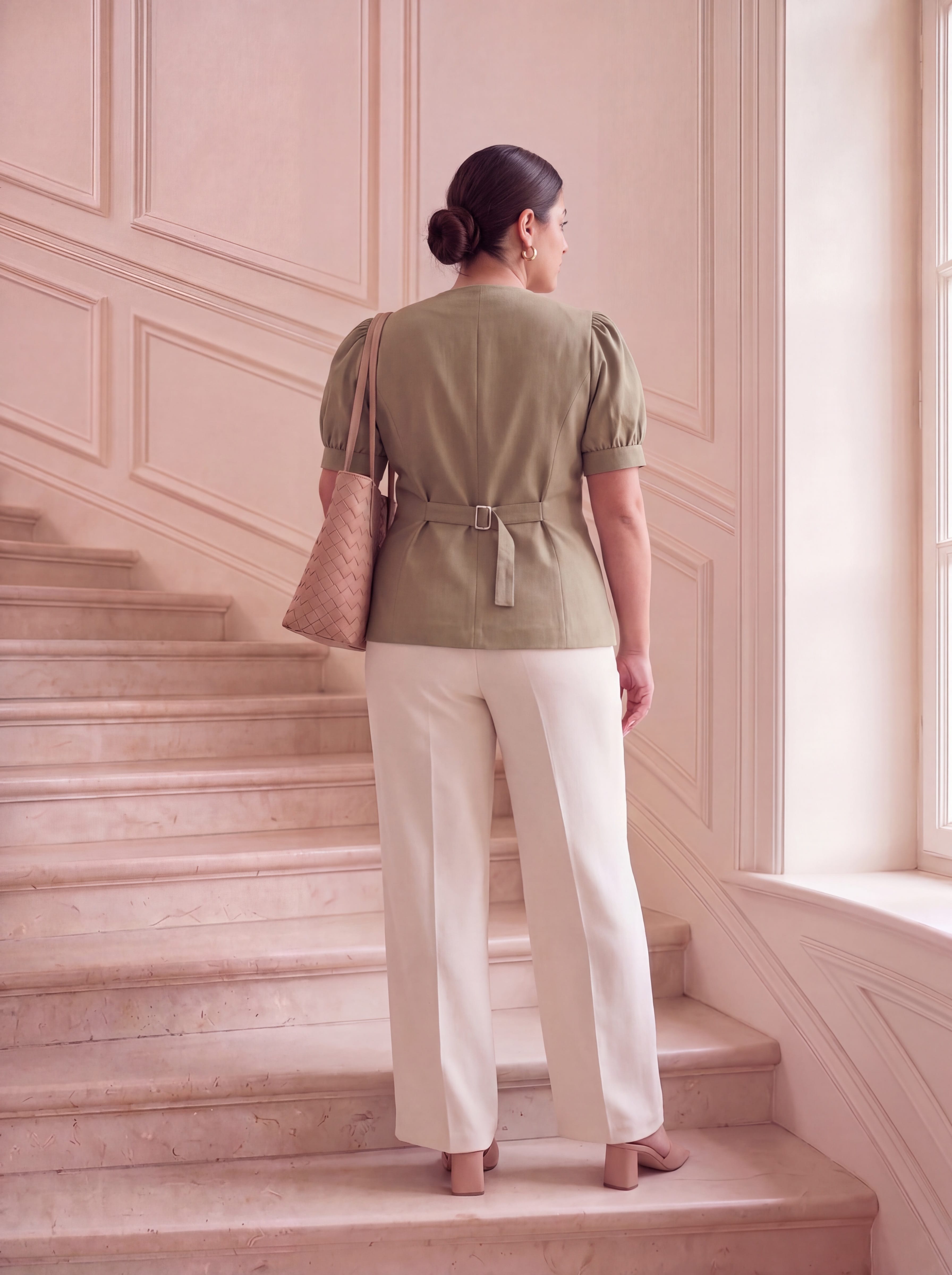 Sage Beige Sleeved Waistcoat Top with Statement Brooches