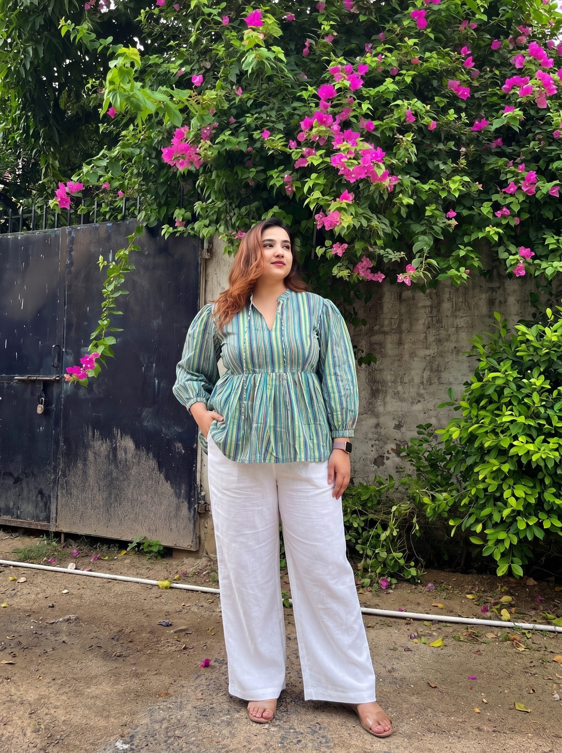 Green Stripes Mandarin Top