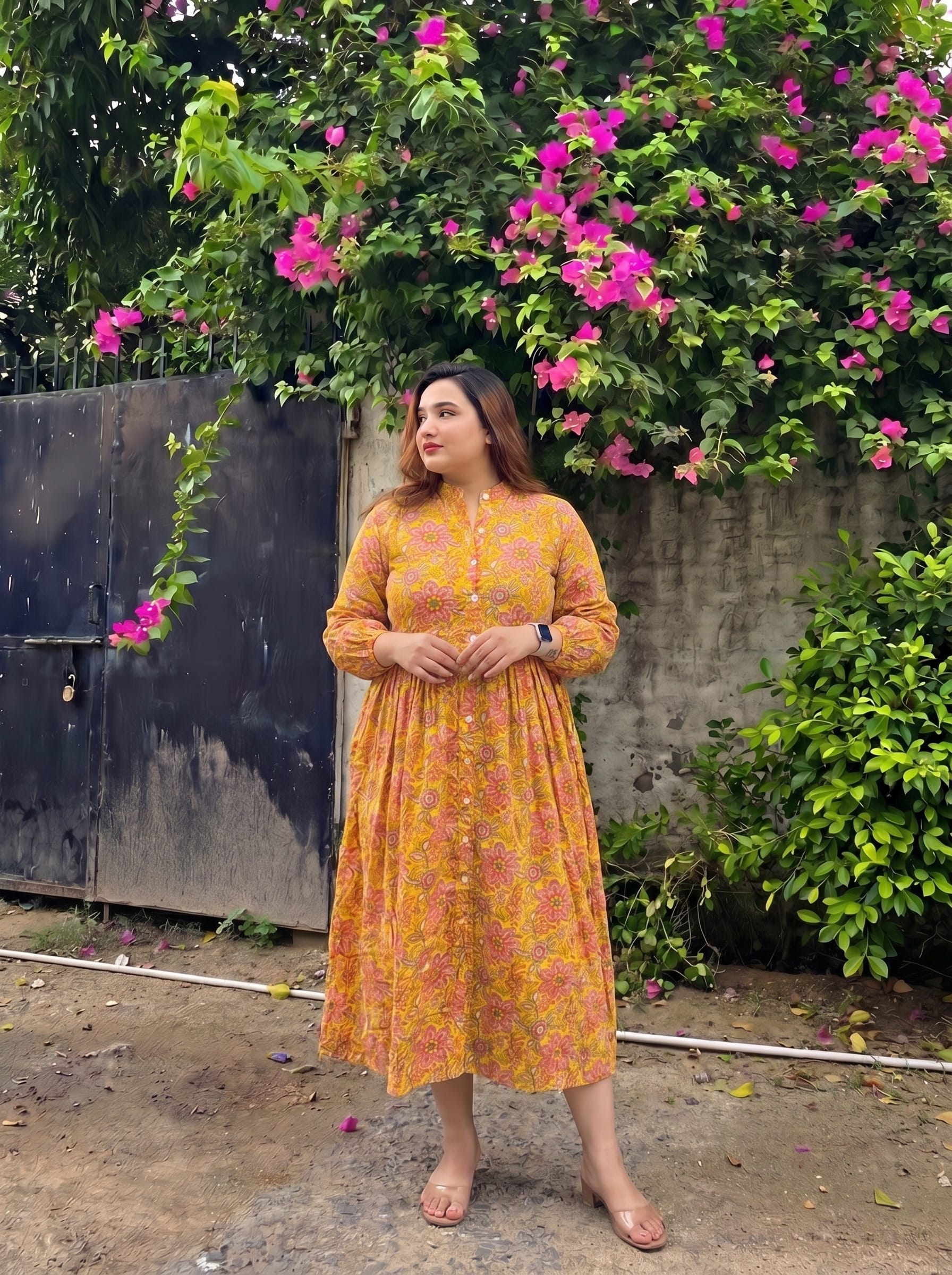 Mustard Floral Button Down Dress