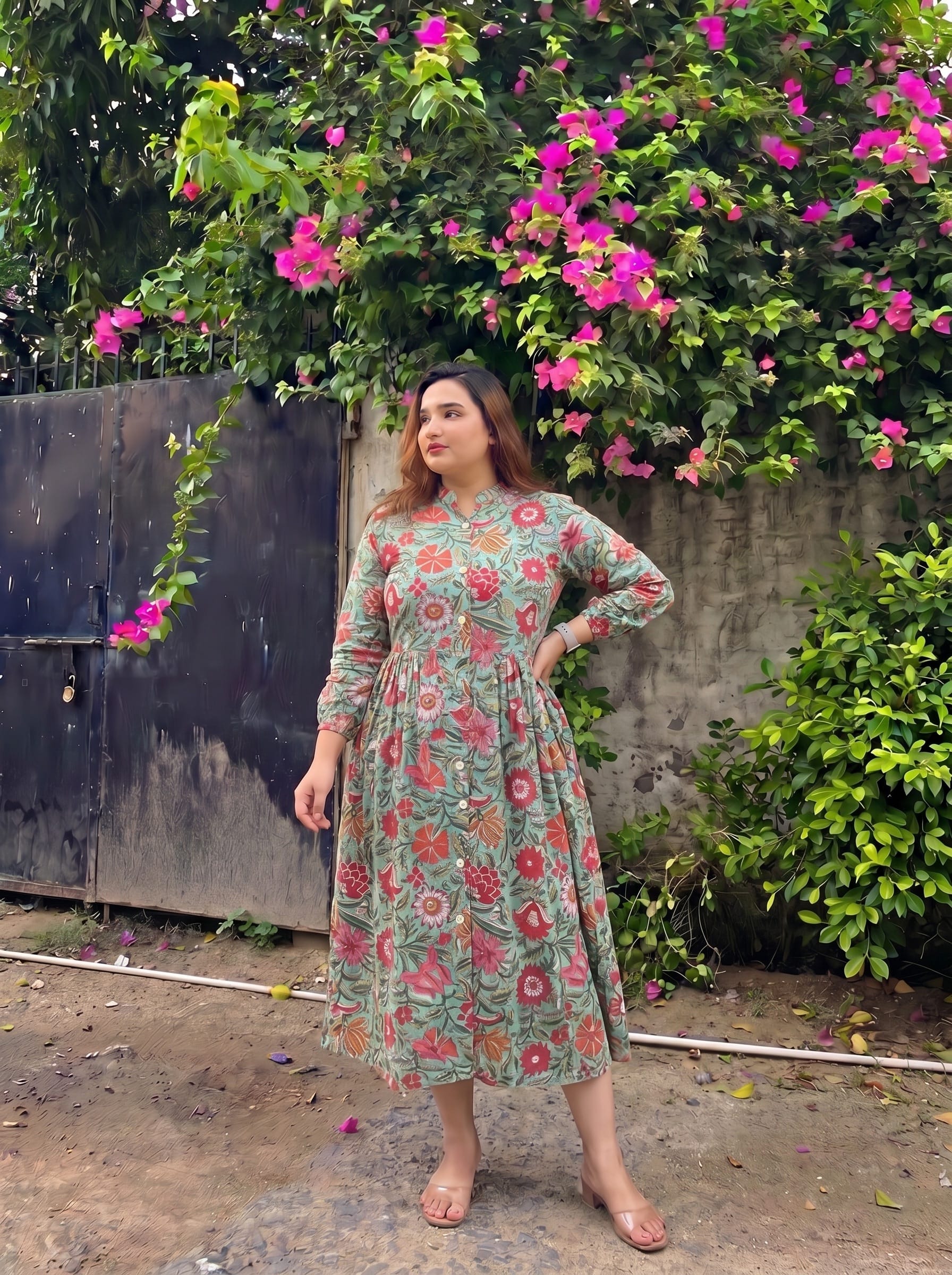 Deep Green Floral Button Down Dress