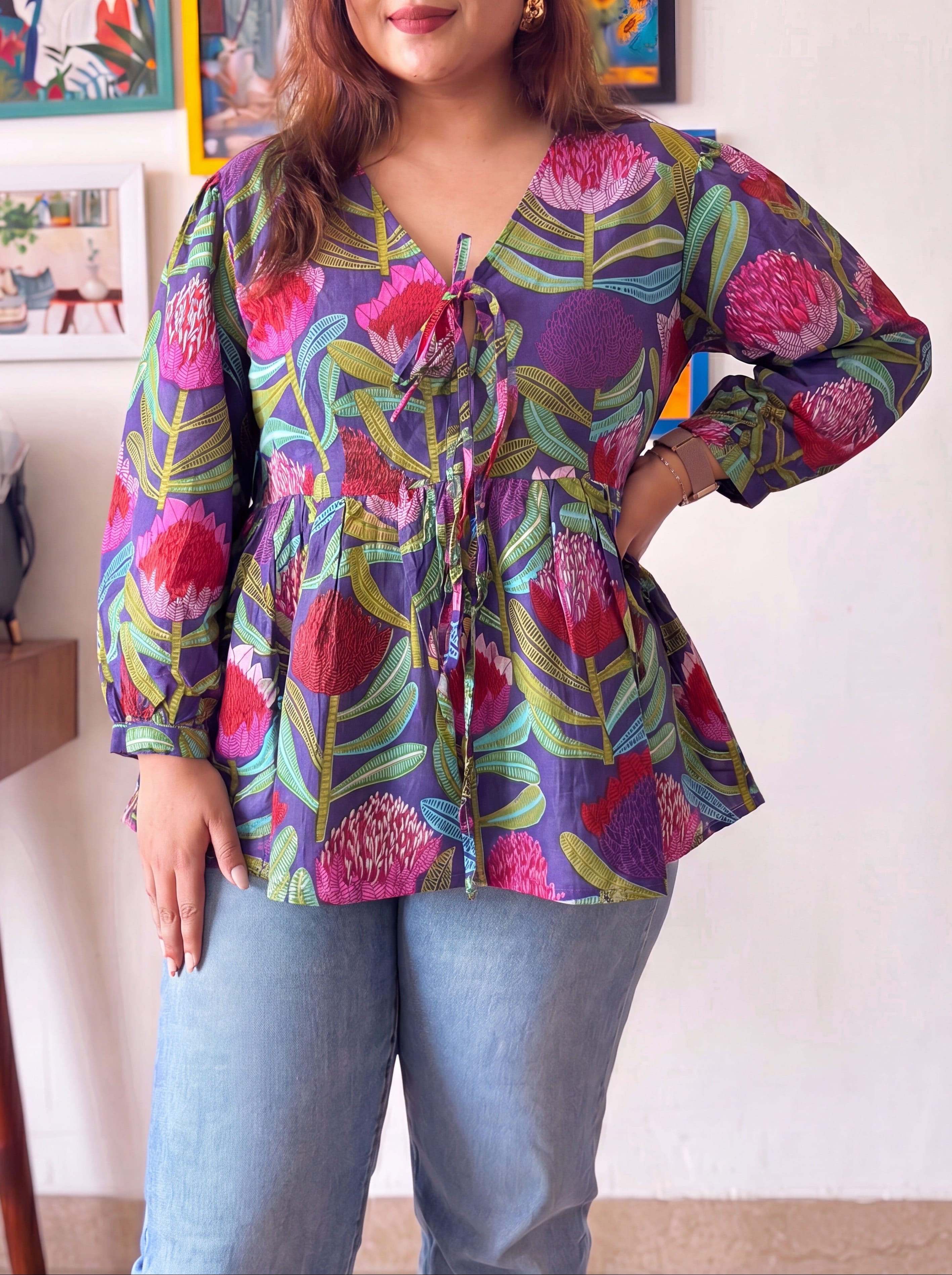 Printed Purple Front Tie Top