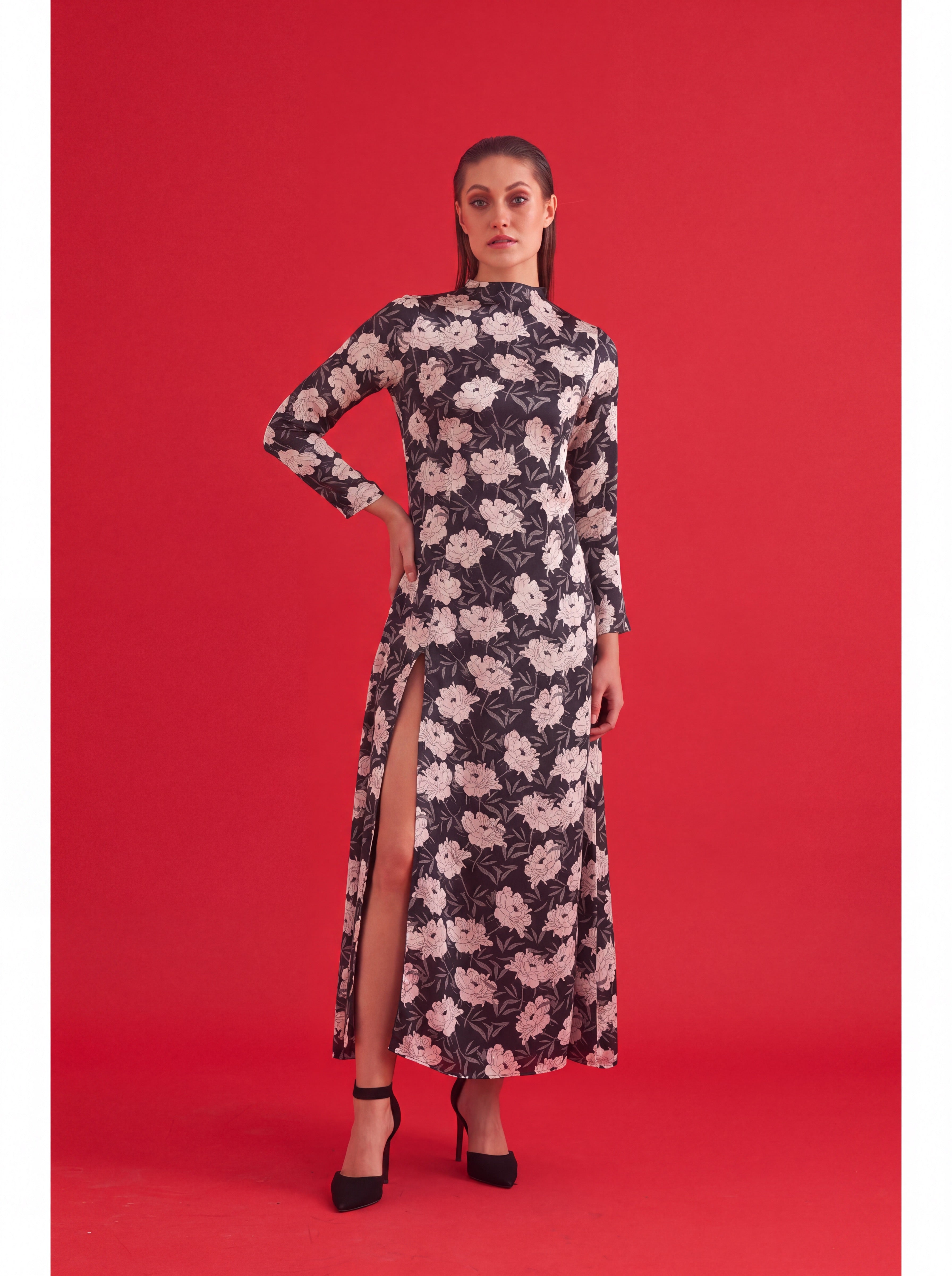 Black Floral Satin Dress