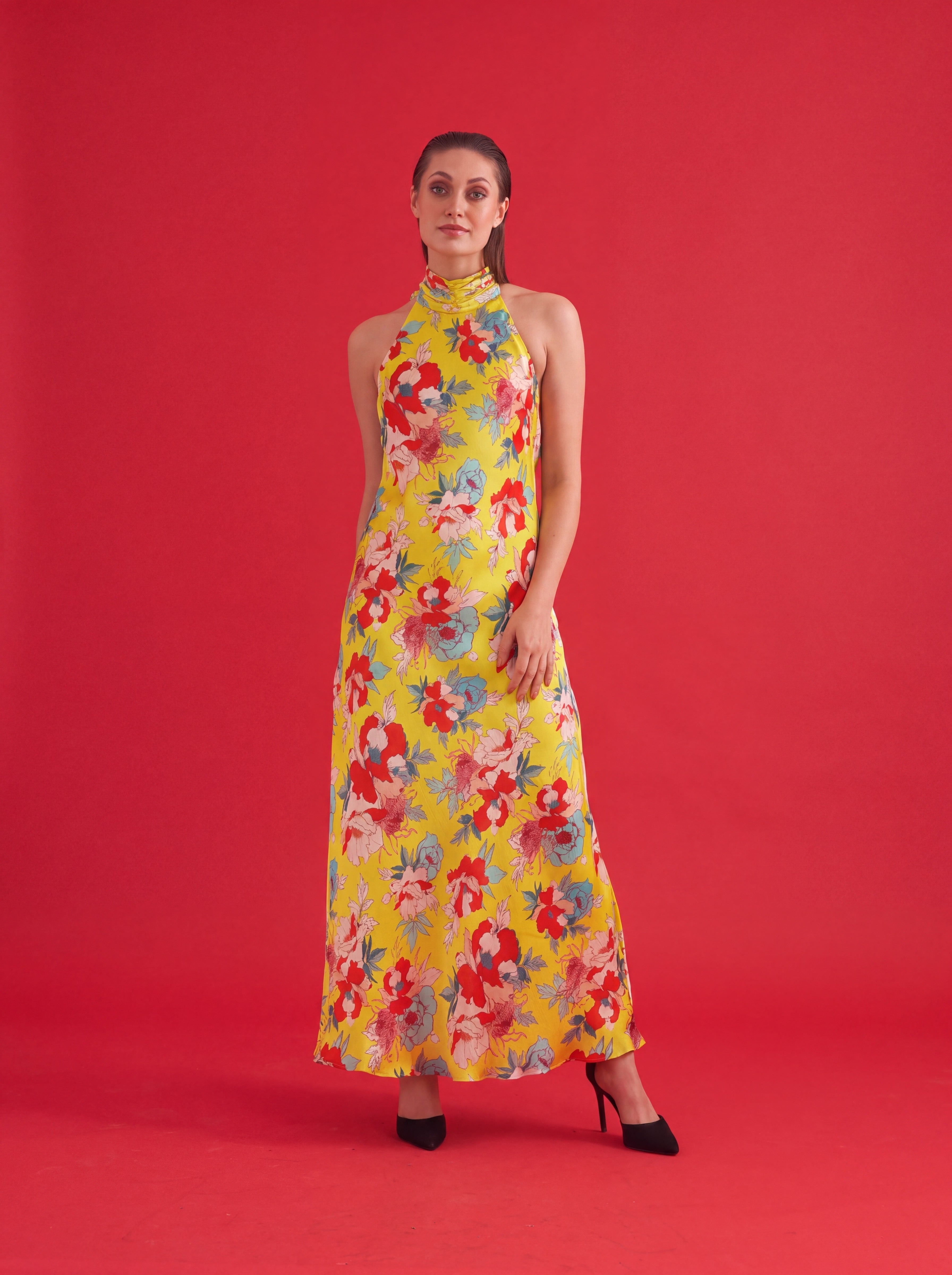 Floral Long Halter Satin Dress
