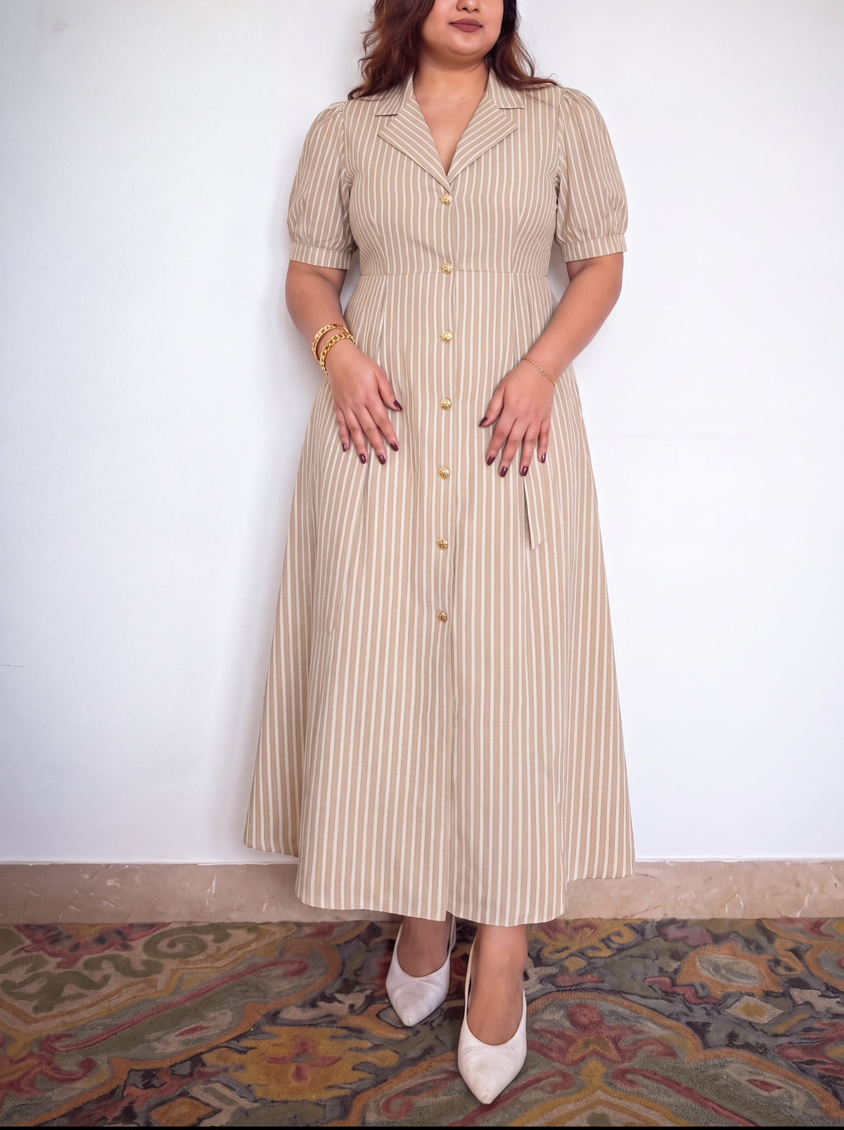 Beige Pinstripe Taffy Dress - Ready To Ship